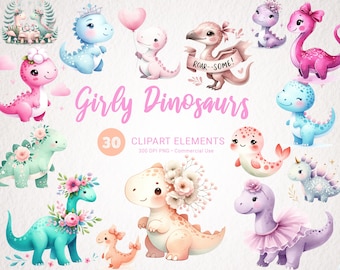 Girly Dinosaurs Watercolor Clipart - 30 PNG Big Bundle with Transparent Images, Party & Nursery Decor, Commercial Use - Instant Download