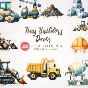Caminhões de construção clipart aquarela - decoração de berçário de bebê menino, download digital de máquinas de construção, arte de parede infantil, decoração de construção