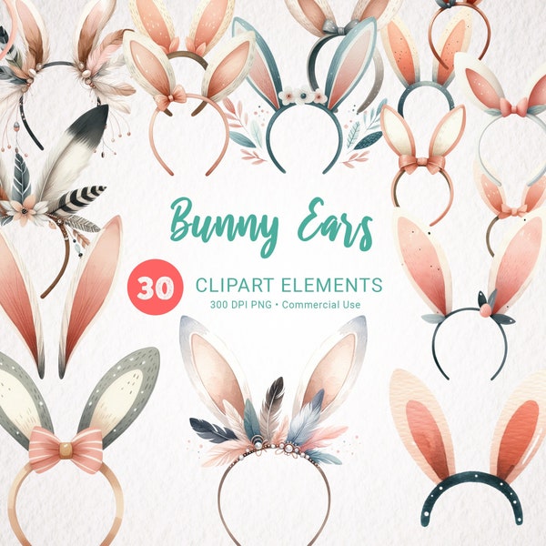 Bunny Ears Watercolor Clipart Bundle - 30 PNG Images, Feathered & Beaded Headbands, Cute Rabbit Ears, Digital Download for Commercial Use