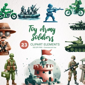 Armee Spielzeugsoldaten Aquarell Clipart - 23 hochwertige PNG Militär Figuren Bundle, Sofort-Download für kommerzielle Nutzung