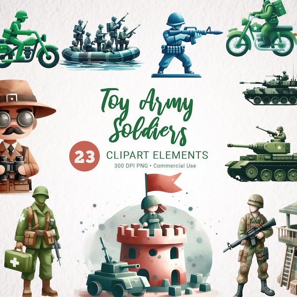 Army Toy Soldiers Watercolor Clipart - 23 High-Quality PNG Military Figures Bundle, Instant Download for Commercial Use