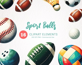 Sport Balls Watercolor Clipart Bundle - 16 Transparent PNG Images, High-Quality Digital Download, Commercial Use