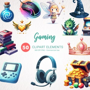 Gaming Aquarelle Clipart Bundle - 50 Images PNG transparentes - Fantasy & Retro Gamer Graphics pour téléchargement numérique usage commercial