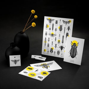 Ensemble de papeterie Insectes, Inclus est 1 affiche, 5 cartes postales, 2 feuilles autocollantes et 3 étiquettes. Idéal pour améliorer les cadeaux.