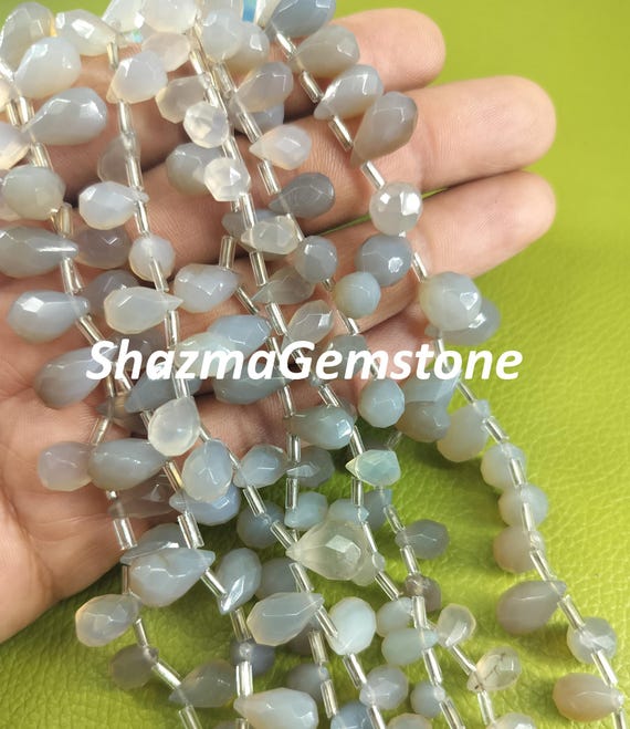 Grey Chalcedony Gemstone Beads: Faceted Teardrop Shape, 8
