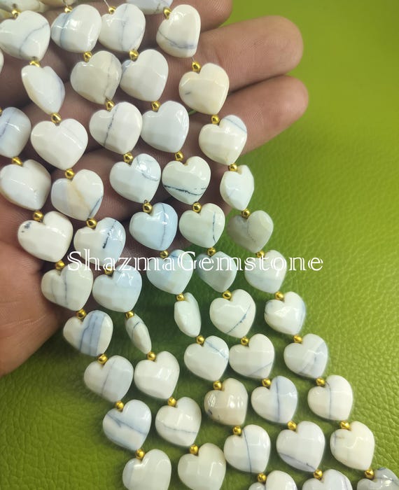 Dendritic Opal Heart Beads: Faceted Gemstone Carving, 8