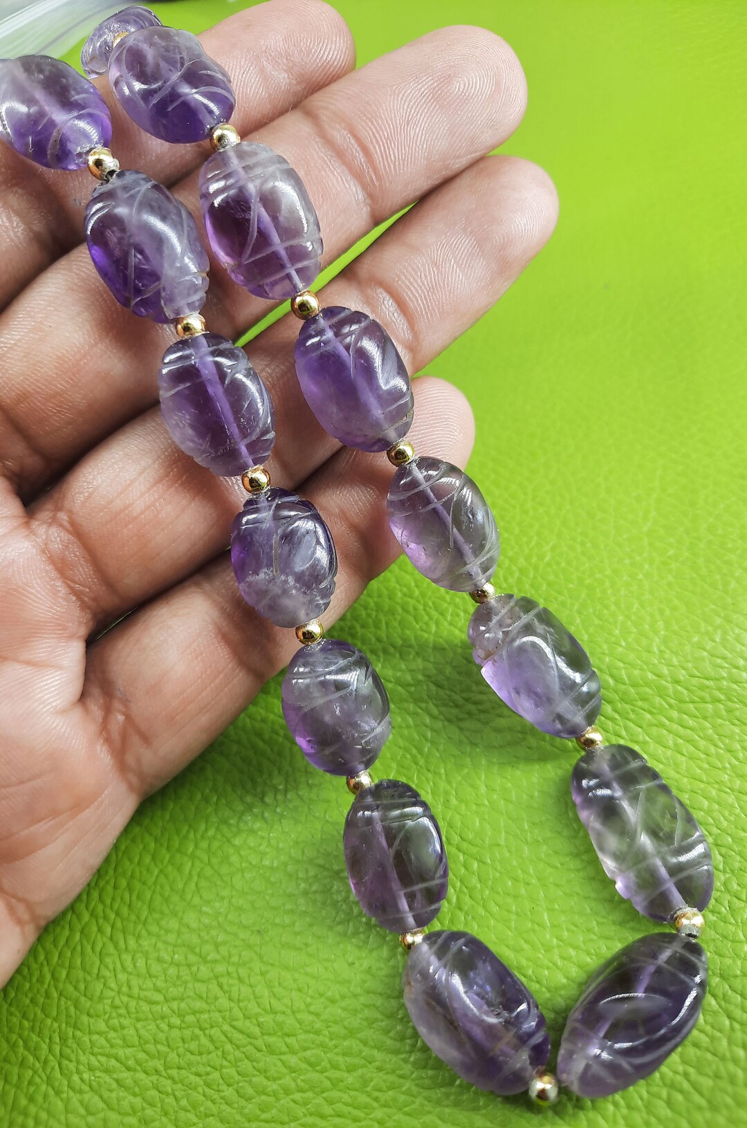 Collier 19 Perles De Fluorite Verte Naturelle Sculptées En Forme De Melon Musclé - Brésil/Inde