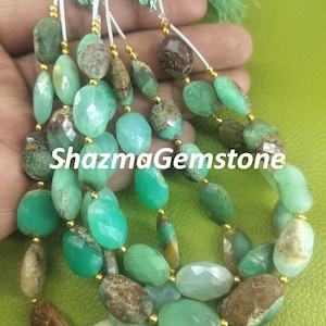Green Chrysoprase Gemstone Beads: Faceted Oval Briolette, 8&quot; Strand