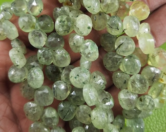 8" Moss Prehnite Beads: Faceted Heart Briolette Gemstone Strand