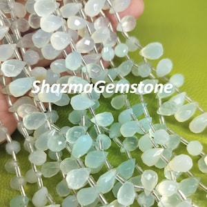 Faceted Aqua Chalcedony Teardrop Beads: 8&quot; Gemstone Strand