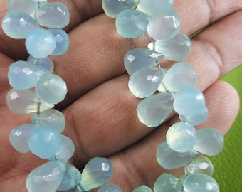 Aqua Chalcedony Beads: Faceted Briolette Drop, 8" Strand