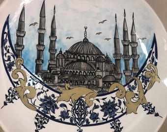 Plato de cerámica turca pintado a mano de 30 cm / Arte mural de azulejos Çini / Decoración tradicional de Anatolia / Regalo único hecho a mano para el hogar