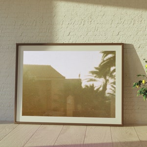 Op de afbeelding: Een ingelijste foto van een gebouw met een palmboom op de achtergrond. De foto is in een bruin frame en hangt aan een witte bakstenen muur. Op de voorgrond staat een gepotte citroenboom.
