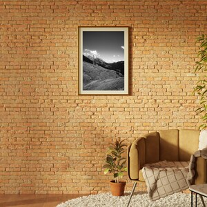 Op de afbeelding: Een bruine fauteuil met een wit en bruin plaid staat in een kamer met een bakstenen muur. Een zwart-witte ingelijste foto van een berglandschap hangt aan de muur. Een kleine plant in een pot staat op de vloer voor de fauteuil.