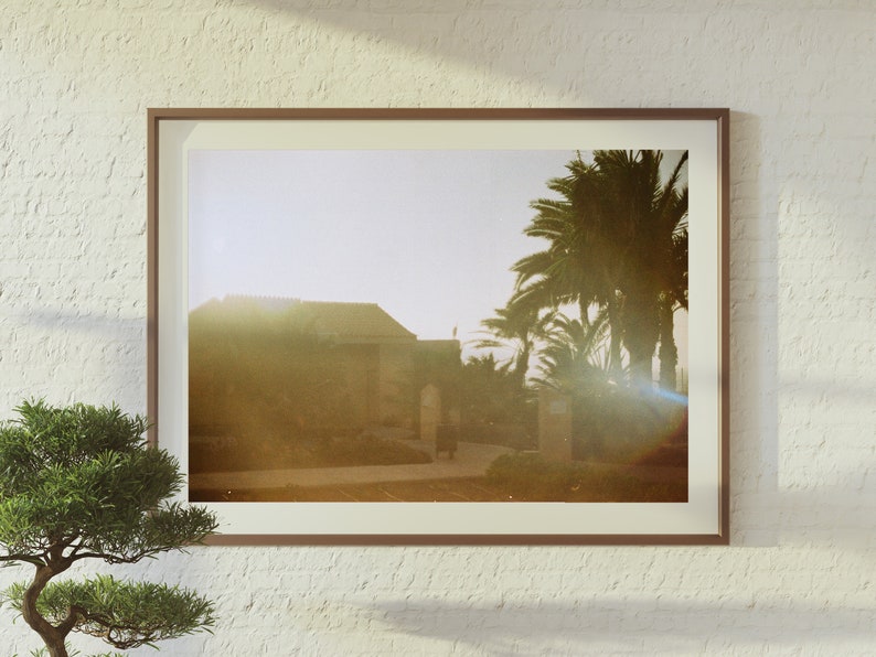 Op de afbeelding: Een ingelijste foto van een gebouw met palmbomen op de voorgrond. De foto is genomen bij zonsondergang en heeft een warme, gouden tint.