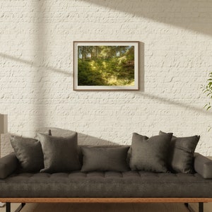 May include: A gray sofa with dark gray cushions sits in a room with a white brick wall. A framed photograph of a forest scene hangs on the wall above the sofa. A tall gold floor lamp stands to the left of the sofa. A potted plant is in the corner of the room.