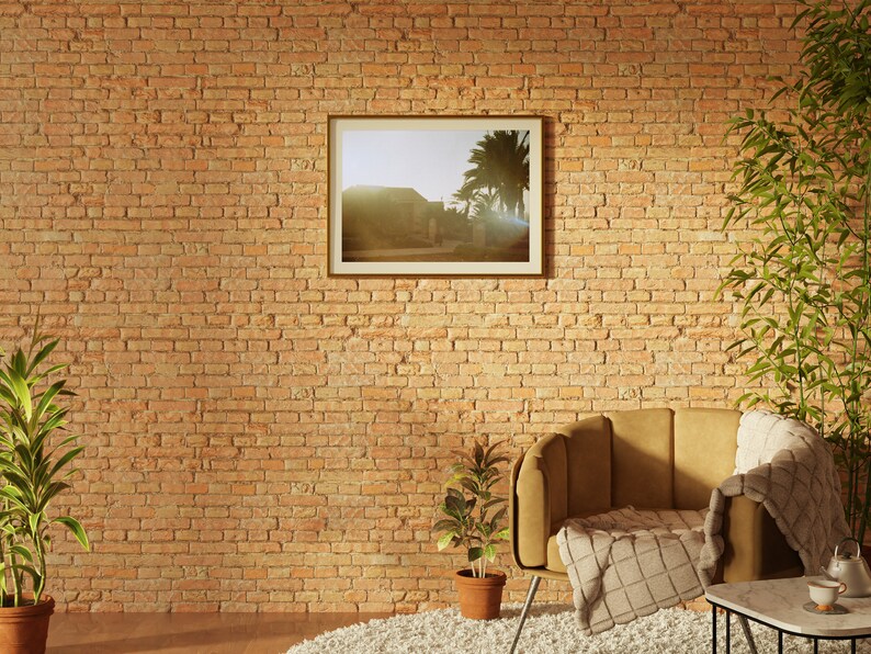 Op de afbeelding: Een bruine fauteuil met een wit plaid staat voor een bakstenen muur. Een ingelijste foto van een gebouw met palmbomen hangt aan de muur. Een kleine plant in een pot staat op de vloer voor de fauteuil. Een kleine tafel met een kopje en schoteltje staat naast de fauteuil.