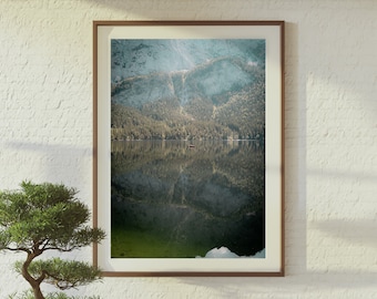 Mountain Lake Print | Alpine Wall Art | Austria Photography | Serene Nature Print | Lake House Decor | Fisherman Boat Photo | Cabin Wall Art