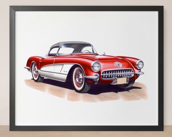 Vintage Corvette Art Print for Classic Car Collectors, Retro Corvette Wall Art Print for Vintage Car Fans