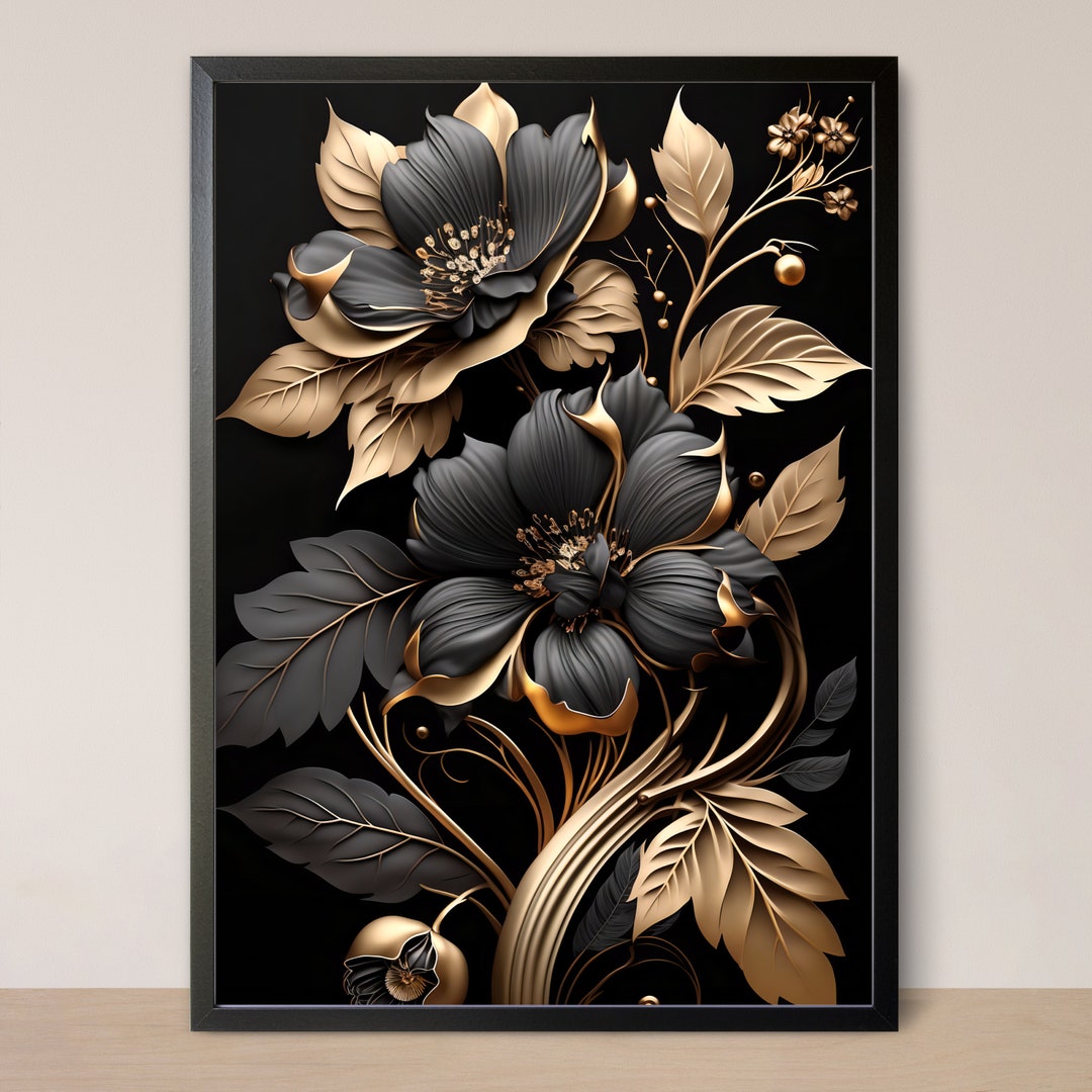 Black and Gold Floral Wall Art Printable Elegant and Sophisticated