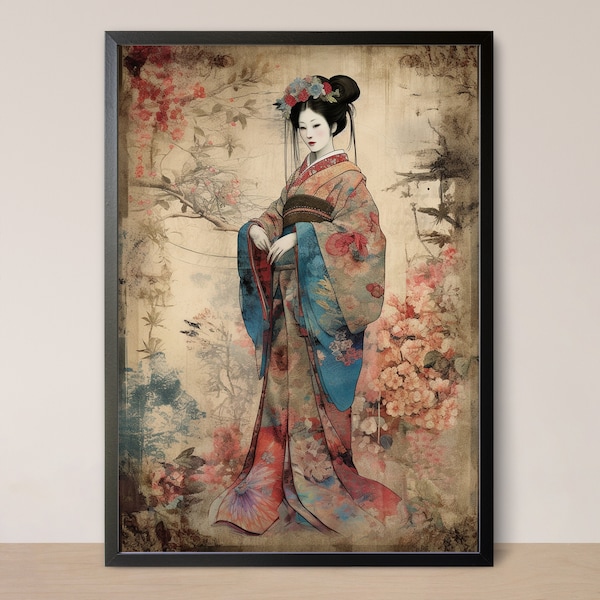 Dekoracja japońska, dziewczyna gejsza, nadruki kimona, grafika ścienna z kwiatem wiśni, dodaj odrobinę Japonii do swojego domu