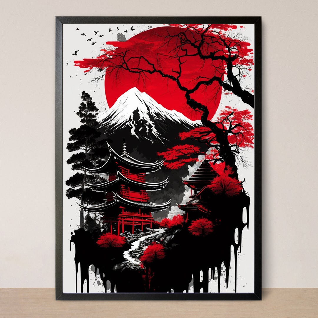 Red and Black Japanese Landscape Painting Print for Japandi, Asian or ...