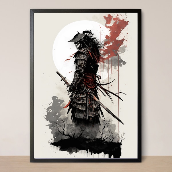 Japanese Samurai Wall Art, Bushido Warrior, Katana Sword and Ronin Ninja Poster, Asian Room Decor and Sculpture Decoration