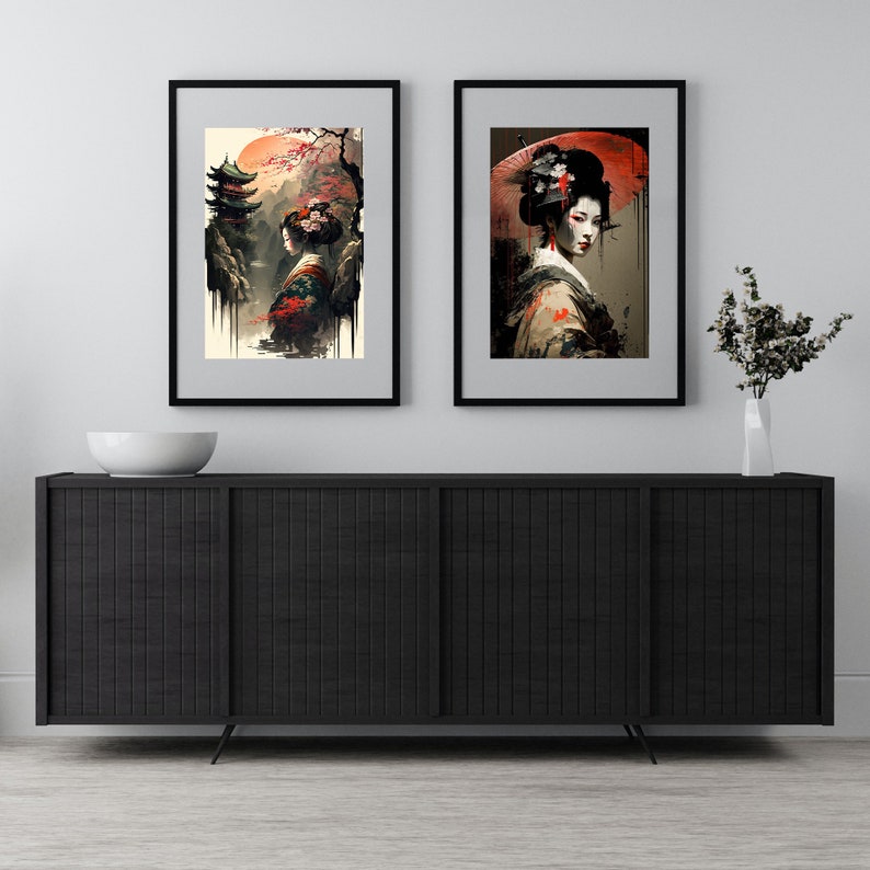 Pósteres Japoneses Vintage Estilo Ukiyo-E Con Geishas - Set De 6 Láminas En Tamaños A3 Y A4 | Decoración Moderna Para Paredes De Hogar U Oficina