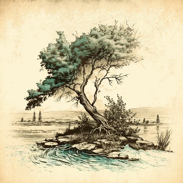 Vintage Tree Sketch with Serene Water Surroundings