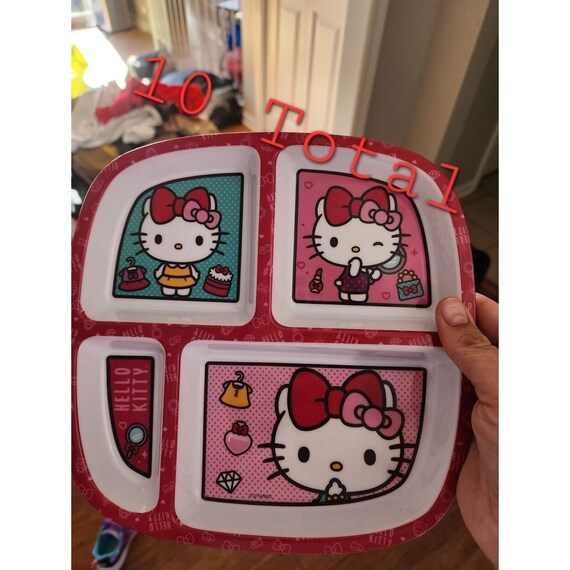 Lot Assiette + Couverts Hello Kitty Pour Enfant - Plastique Rose, Neuf Sous Blister