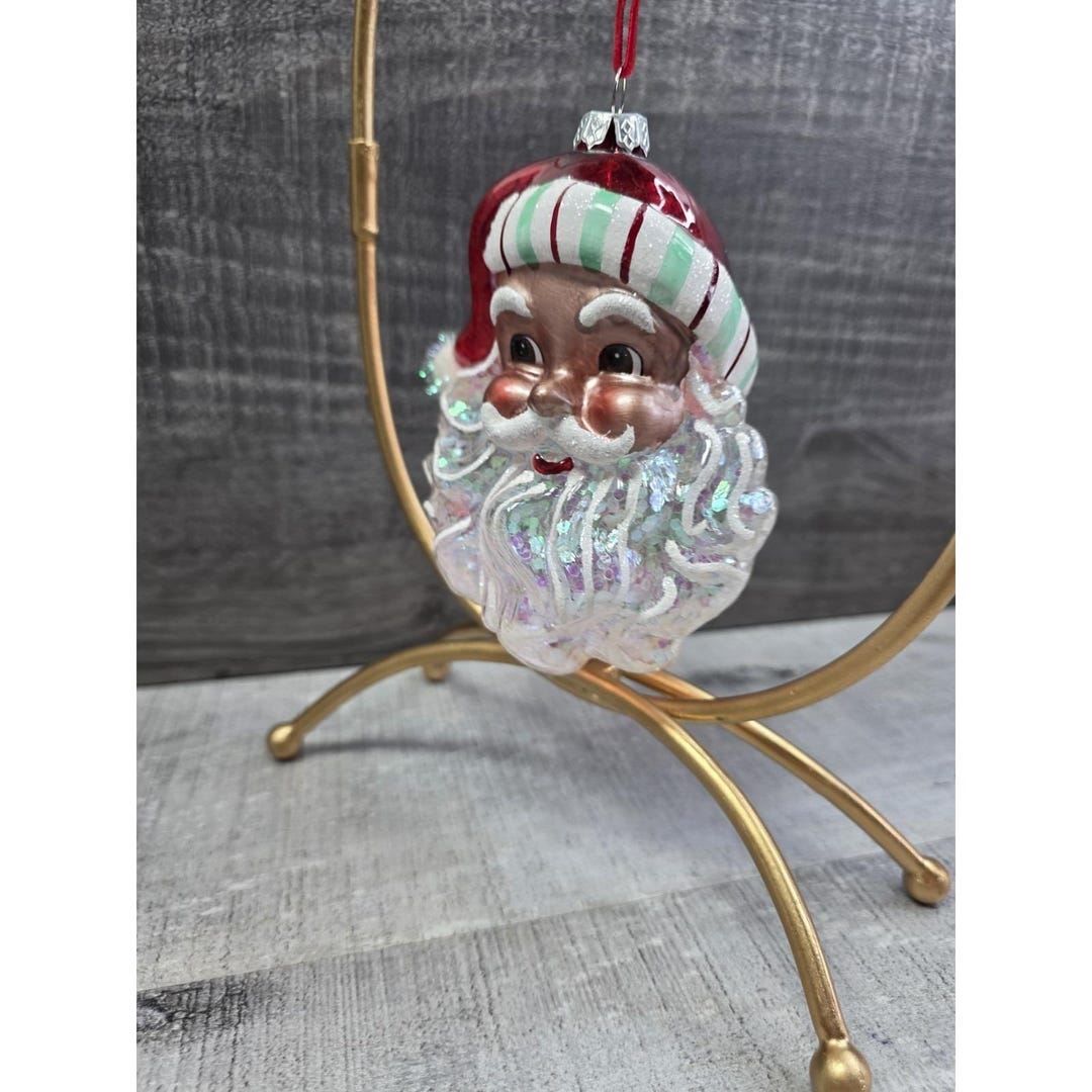 Vtg Santa Clause Head Hand Blown Glass Christmas Tree Ornament Glitter ...