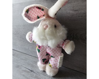 Vintage Pink Bunny Rabbit Plush Stuffed Animal Bow & Pansy Checkered Outfit