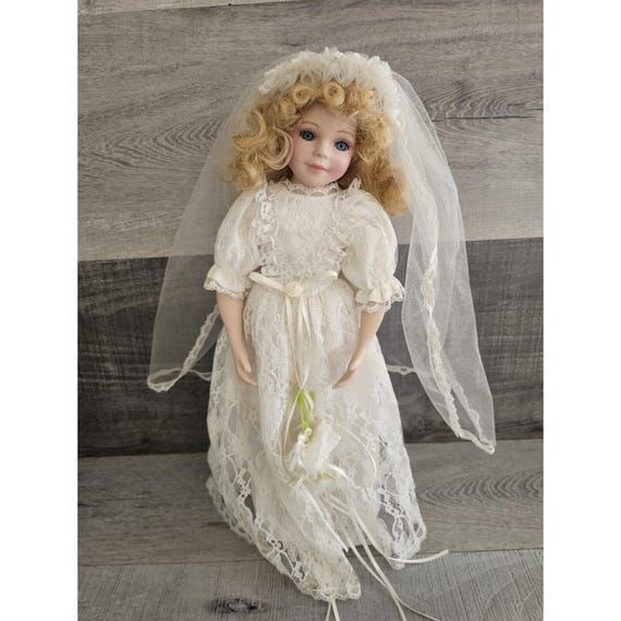 Vtg 16" Porcelain Bride Doll in Wedding Dress Blonde Hair Blue Eyes - Etsy