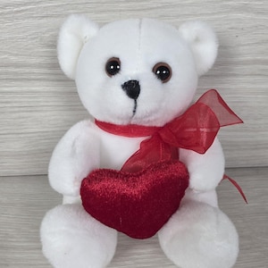 May include: A plush white teddy bear with dark brown eyes and a black stitched nose. The bear has a sheer red ribbon tied around its neck and is holding a plush, deep red heart with a velvet-like texture against its chest in a seated position.