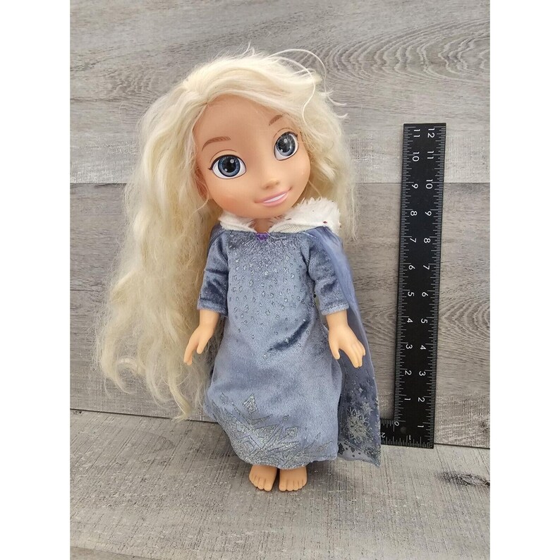 May include: A blonde doll wearing a blue dress with a white fur trim on the hood. The dress has a snowflake pattern. The doll is approximately 30 cm tall.