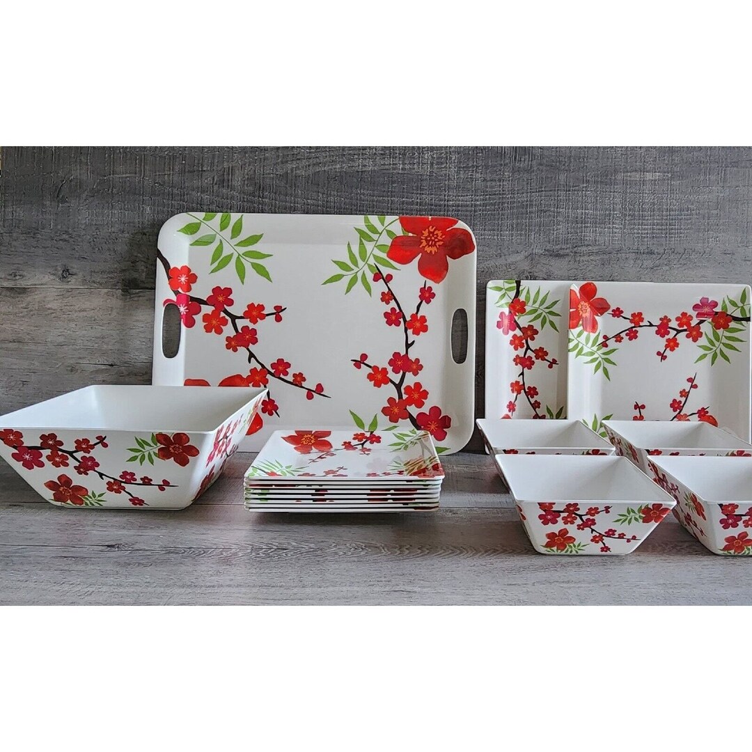Japanese Cherry Blossom Melamine SET Serving Tray Bowl 2 Plates 4 Bowls