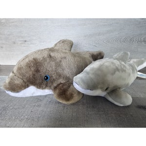Sea World Dolphin 15&quot; Plush Stuffed Animal Toy Gray Bottlenose Mom And Baby Vtg