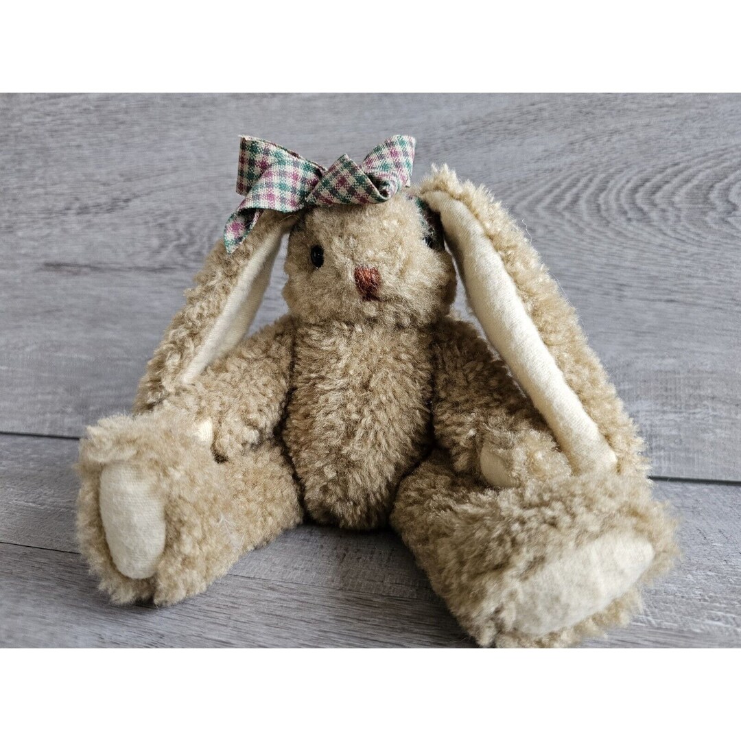 Vtg Jointed Bunny Curly Rabbit Plush Tan Ears Plaid Bow Stuffed Animal ...