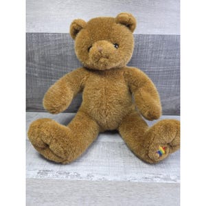 May include: A brown teddy bear with a soft, plush texture. The bear is sitting with its arms and legs outstretched. A small rainbow emblem is stitched on the bear's foot. The bear has a friendly expression and is a classic children's toy.