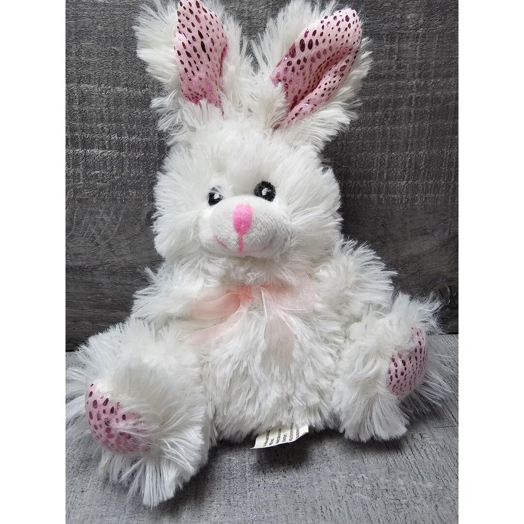Greenbrier Fuzzy Friends White Rabbit 8 Inch Plush Pink Bow Stuffed ...