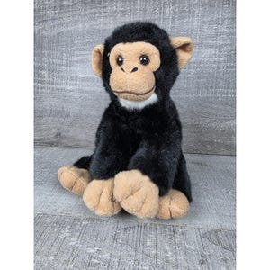 Pode incluir: Um peluche de chimpanzé com pelo preto macio no corpo e na cabeça, com tecido bege contrastante no rosto, orelhas, mãos e pés. O brinquedo tem olhos escuros grandes, um nariz pequeno e uma mancha de pelo branco sob o queixo.