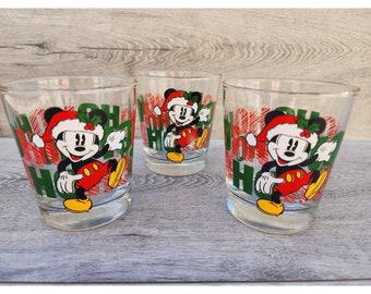Vintage Disney Christmas Anchor Hocking Mickey Tumbler Drinking Glass Lot 3