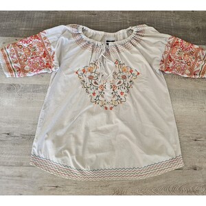Johnny Was Biya Embroidered Top XL Gray Scoop Neck Tie Billow Sleeves Boho Tunic