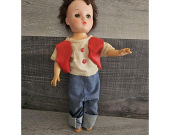 Poupée vintage 35 cm, articulée, robe élégante, yeux endormis, cheveux enracinés, plastique