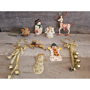 Lot of 9 Snowman Christmas Tree Ornaments Reindeer Whimsical Metal Folk Art