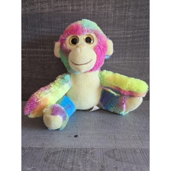 Small Monkey Plush Rainbow Tie Dye Shaggy Fur Shimmering Glitter