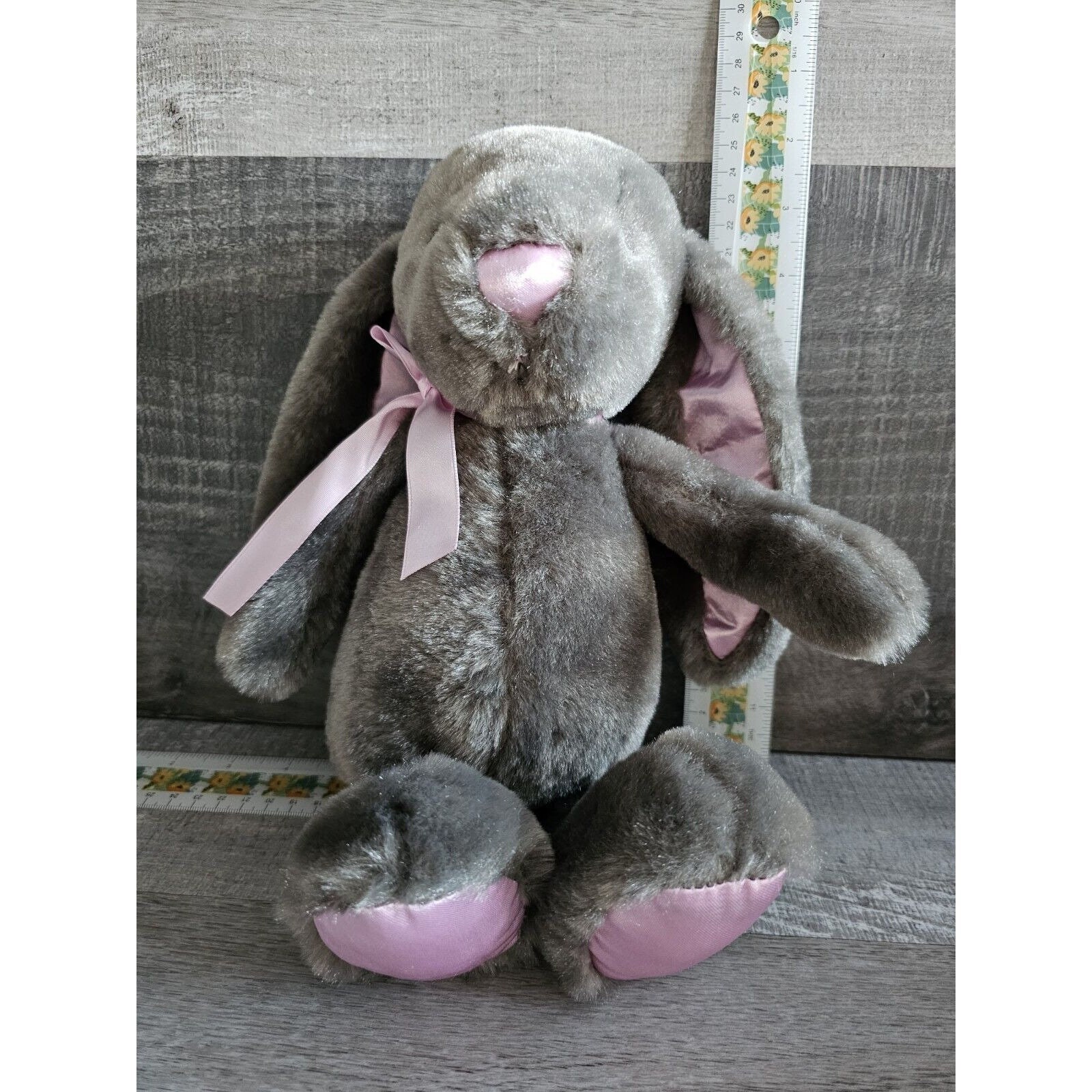 13" The Petting Zoo Bunny Gray & Pink Satin Stuffed Animal Plush Toy Lovey Soft