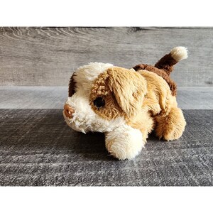 Op de afbeelding: Een bruin en wit pluche hondenspeelgoed met een bruine neus en zwarte ogen. De hond ligt op zijn buik met zijn hoofd naar de zijkant gedraaid.