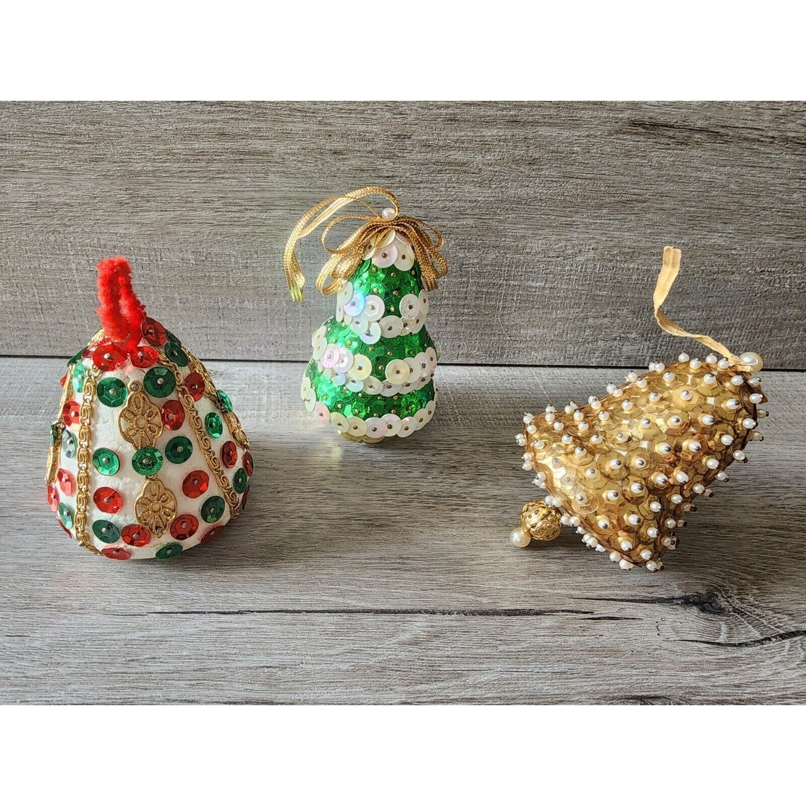 Vintage Handmade Green Gold Sequin and Beads Bell Christmas Ornament 3
