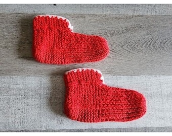Vintage mano punto niña pequeña calcetín rojo zapatillas 6" década de 1980